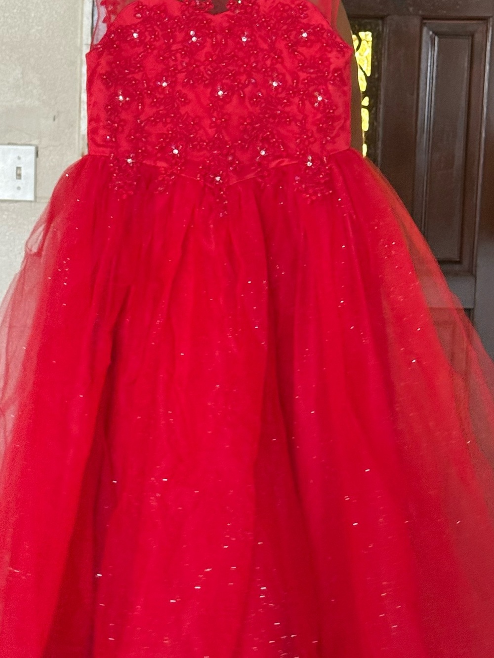 Elegant Red Tulle Formal Dress for Girls with Sparkle Bodice